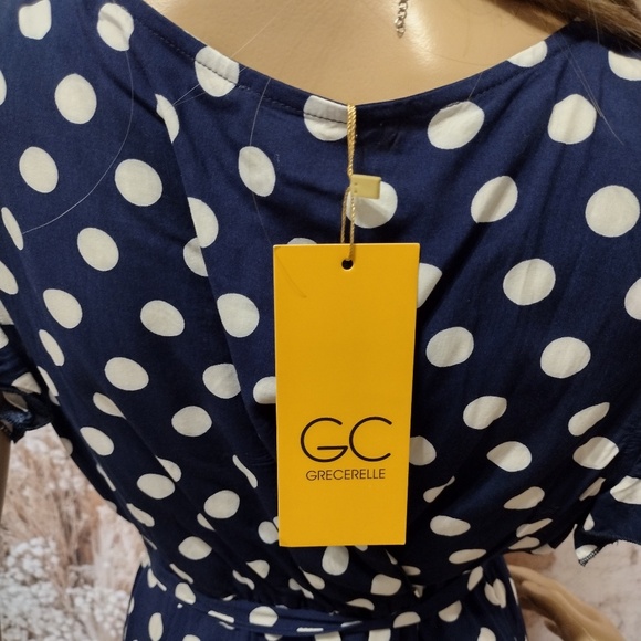 Grecerelle Women's Large Navy & White Polka Dot Surplice Long Flowing Maxi Dress - Picture 8 of 15